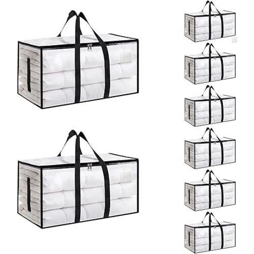 8 Pack-Extra Large Heavy Duty Moving Bags - Waterproof Storage Totes with Handles & Zippers, Foldable for College Dorm, Storage (Clear)
