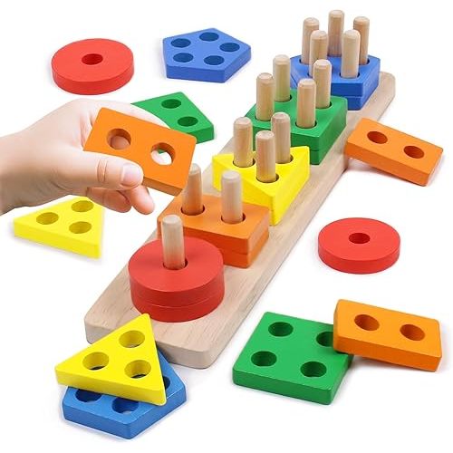 Montessori Toys, Wooden Baby Stacking Toys, Sensory Educational Shape Sorter, Color Sorting Toy for Toddlers 1-3, Birthday Gifts for Girls Boys Kids