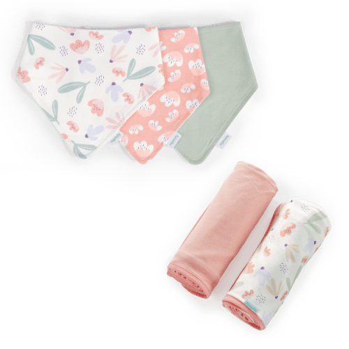 Ingenuity Easy Eater 3-Pack Baby Bandana Bib Set - Posy & Comfy Bundle 2-Pack Multi-Use Swaddle Blanket Set - Posy