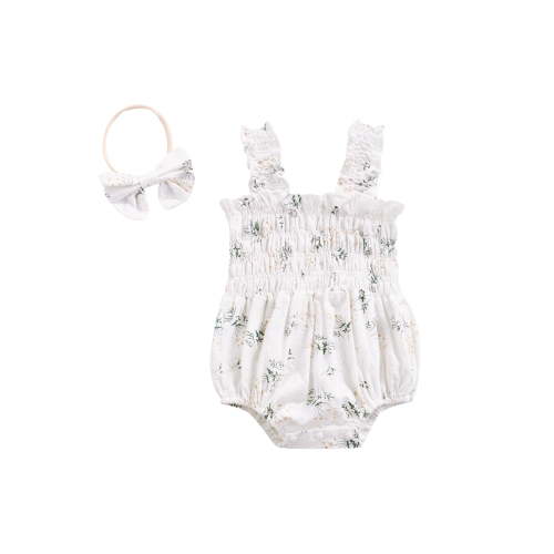 Kiapeise Newborn Baby Girl Summer Clothes Cotton Linen Bodysuit Romper Floral Pleated Tops with Headband