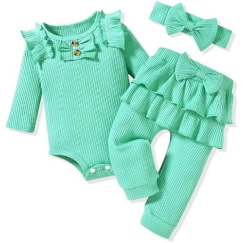 Aalizzwell Preemie Newborn Infant Baby Girls Clothes Ribbed Bodysuit Pants Set Fall Winter Outfits