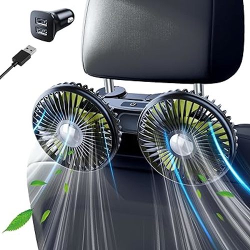 Car Fan for Backseat Kids Adjustable Rechargeable, Dual Head Battery Powered Fan for Car Seat Baby Rear Facing for Back Seat Headrest SUV Van Pickup RV Vehicle - 3 Speed 360 Rotatable Quiet