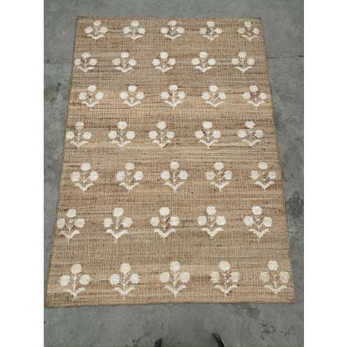 Handmade Jute Rug with White Flower Pattern Rug