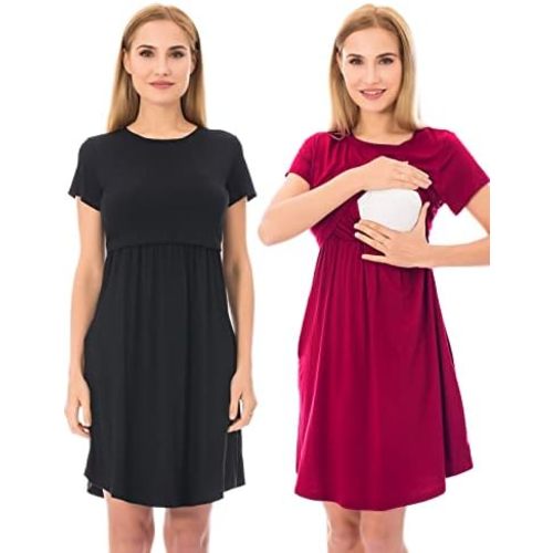 Bearsland Women's Short Sleeves Maternity Dress Nursing Breastfeeding Dresses with Pockets