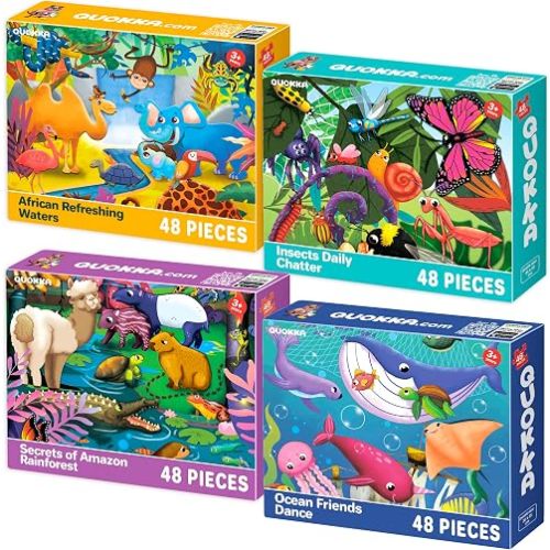 QUOKKA Puzzles for Toddlers 4-6 – 4 x 48 Pieces Jigsaw Puzzles for Kids Ages 3-5 – Learning Insects, African, Amazon, Ocean Animals Puzzle for 2-4 – Jigsaw Game for Boy and Girl 4-8 Year Old