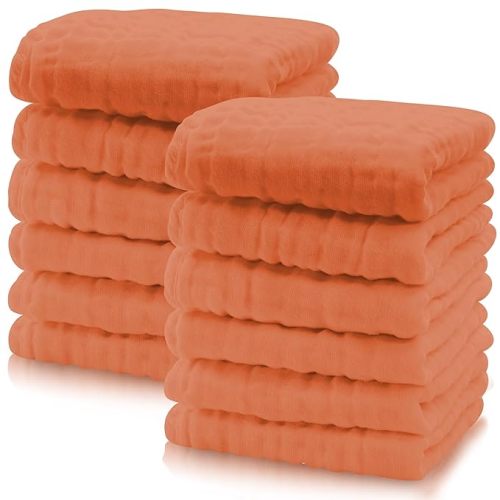 Cute Castle 12 Pack Muslin Baby Washcloths - Large 12'' by 12'' - Ultra Soft 100% Cotton - Super Absorbent Burp Cloths for Unisex, Boy, Girl -Vermilion
