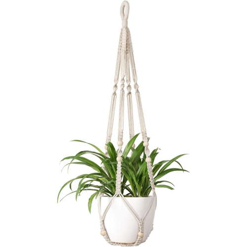 Mkono Macrame Plant Hanger Indoor Hanging Planter Basket with Wood Beads Decorative Flower Pot Holder No Tassels 35 Inch, Ivory, Set of 1 (POTS NOT Included)