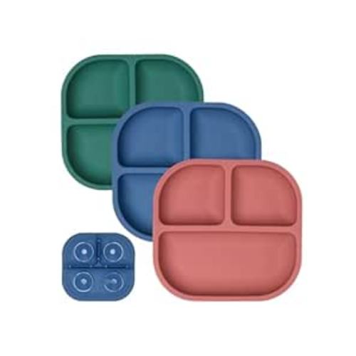BABELIO Powerful Suction Plates for Baby and Toddler, 100% Food Grand Silicone, Divided, BPA Free, Microwave & Dishwasher Safe, Stay Put, 3 Pack