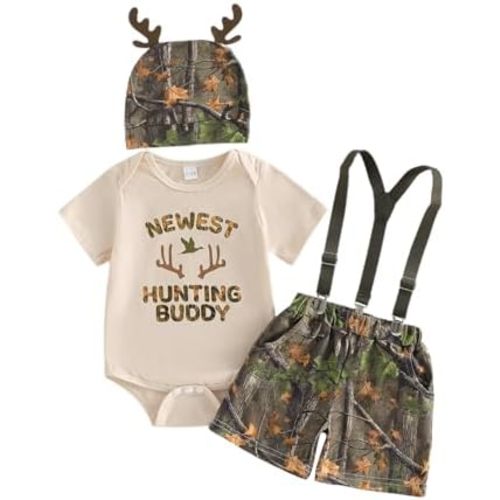 GOOCHEER Summer Newborn Baby Boy Outfit Hunting Buddy Short Sleeve Bubble Romper Suspender Shorts Hat 3Pcs Camo Clothes Set