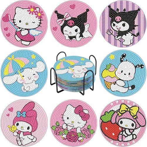 PERFECTSIGHT 8 Pcs DIY Diamond Art Painting Coasters with Holder, Cute Diamond Paint Coaster Kits for Adults, Kawaii Full Drill Diamond Art Craft Supplies, Paint by Number Non Slip Coaster, Sanlio