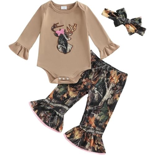 Newborn Baby Girl Hunting Clothes Deer Long Sleeve Romper Jungle Camo Flare Pants Set 3 Piece Fall Winter Outfit