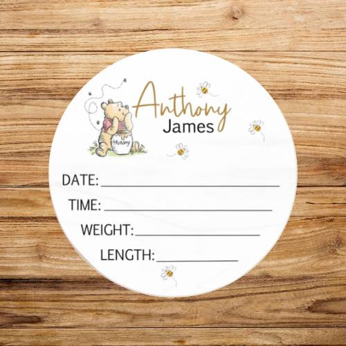 Classic Winnie Bear Baby Birth Stat Announcement, Personalized Wood Round Name Sign, Nursery Decor Boy, Novelty Baby Shower Gift