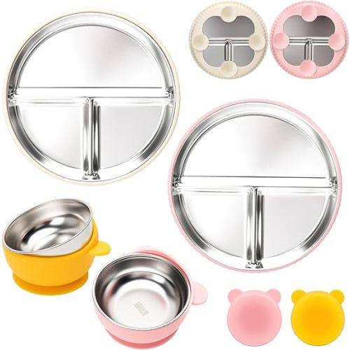 MISSLILI Stainless Steel Kids Plates and Bowls with Suction, Divided Baby Plate and Toddler Bowl with Removable Silicone Suction, Non-Slip Baby Feeding Set Dishwasher Safe, 4 Packs