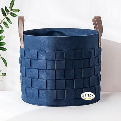 BOLDMONEKY Blankets Basket 15" x15 " x13 " 2 Pack, Felt Storage Baskets for Organizing Round, Living Room Dog Toy Bin for Dirty Clothes, Pillows, Towel-Navy Blue