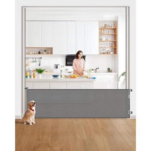 Retractable Baby Gate for Stairs – 33” Height, Expands up to 118” Width – Safety Gate for Infants, Toddlers, Dogs & Pets – Easy Install, Secure Closure, Gray Mesh Design for Indoor & Outdoor Use