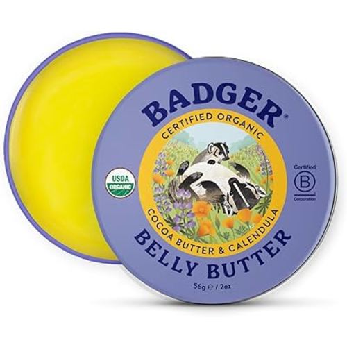 Badger Belly Butter, Organic Stretch Mark Cream for Pregnant Belly, Rich Hypoallergenic Moisturizing Organic Cocoa Butter & Coconut Body Butter for Women, 2 oz Tin