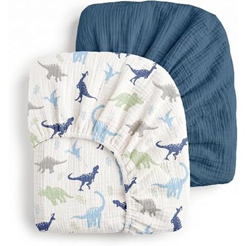 Muslin Crib Sheets for Boys Girls, Fitted 52''x28'' Organic Cotton