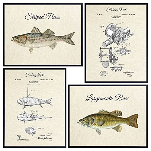 Bass Fishing, Lure, Reel, Patent Print Set - Vintage Rustic 4-8x10 Wall Art, Home Decor, Room Decoration Photo Pictures - Lake or River Fish Posters - Gift for Freshwater Fishermen, Fisherman, Angler