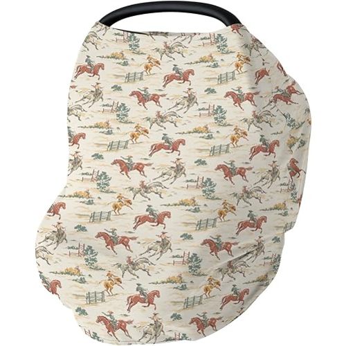 Vintage Western Cowboy Baby Car Seat Covers Retro Cowboy Horse Plant Stretchy 5-in-1 Cover Adjustable Infant Carseat Canopy Cover Wild Desert Country Breathable Nursing Cover-Up