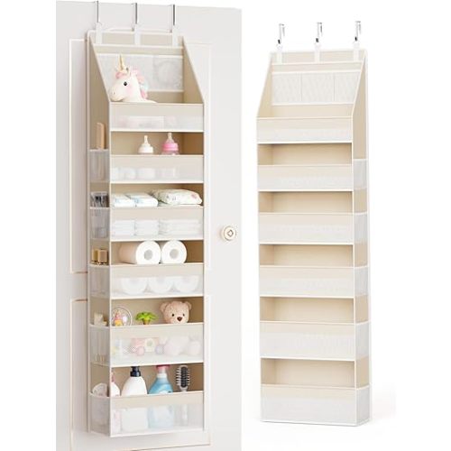 Criusia Over The Door Organizer, Heavy-Duty 6-Shelf Hanging Storage with 13 Mesh Pockets, 55lbs Capacity Behind The Door Storage for Nursery, Bathroom, Bedroom, and Dorm, Beige