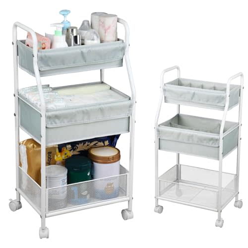 Moteph Rolling Utility Cart with Wheels, 3-Tier Diaper Cart, Rolling Nursery Cart & Baby Caddy Organizer for Nursery Essentials, Bedside/Postpartum Cart, Craft & Art Storage, Rolling Book Cart