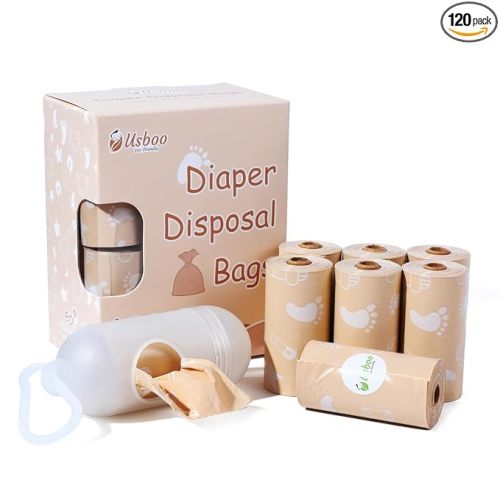 USBOO Disposable Diaper Bags for Baby | 8 Refill Rolls(120 Pack) Diaper Trash Bags with Dispenser | Leak Proof | Baby Poop Bag