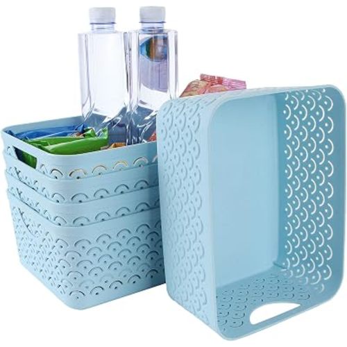 5 Pack Plastic Storage Baskets, Portable Blue Fish Scale Pattern Hollow Desktop Storage Bin Box with Handle for Kitchen, Bathroom, Kids Room or Nursery Storage – 9.4 x 7.1 x 4.1 inches