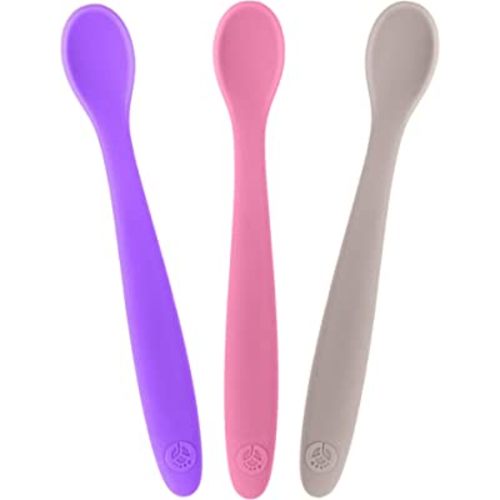 WeeSprout Silicone Baby Spoons - First Stage Infant Feeding Utensils With Soft-Tip, Bendable Kitchenware for Parent & Self-Feeding, Ultra-Durable, Dishwasher Safe, Travel Case, Set of 3