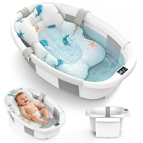 Collapsible Baby Bathtub for Newborn to Toddlers 0-36 Months, Large Baby Tub with Thermometer & Cushion, Easy Setup Foldable Travel Infant Bathtub, Newborn Babies Boy Girl Bath Tubs Grey