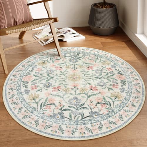 Lahome Round Boho Floral Rugs 4ft, Cream Washable Circle Rugs for Bedroom, Vintage Beige Nursery Circular Carpet, Soft Non-Slip Carpet for Kids Room Playroom Calm Corner, Beige
