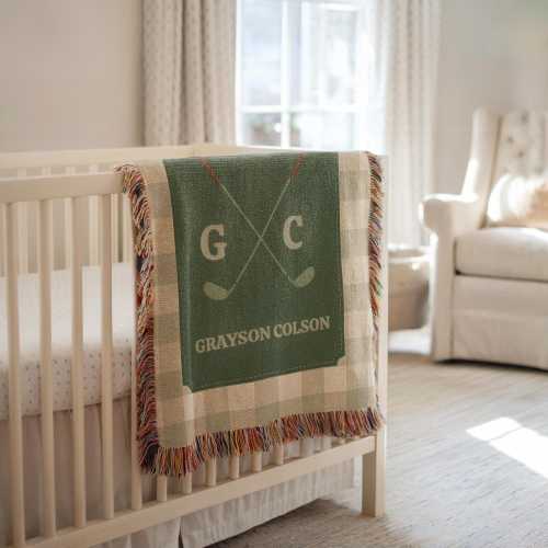 Personalized Golf Baby Blanket | Custom Name Crib Throw | Golf Theme Baby Shower Gift | Woven Cotton Nursery Decor | New Baby Boy Gift