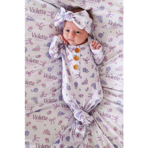 Ribbon & Roses Newborn Baby Knot Gown & Hat Set | Purple