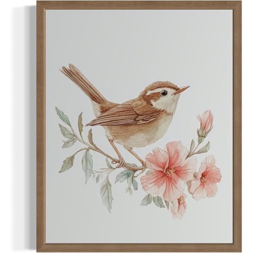 Carolilna Wren Art Print Poster, Bird Nature Floral Botanical Wildlife Vintage Wall Art Paintings Artwork for Bedroom Bathroom Living Room Decor 96 (Carolilna Wren, 11 x 14 inches, Wood Frame)