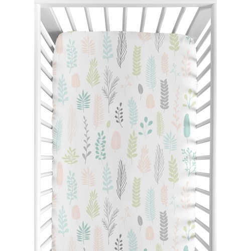 Sweet Jojo Designs Pink Grey Tropical Leaf Girl Fitted Crib Sheet - Blush Turquoise Gray Green Botanical Rainforest Jungle Sloth