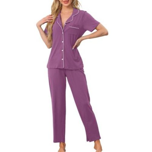 cheibear Women's 2 Pcs Button Down Short Sleeve Shirt and Pants Pajama Set Loungewear Large Purple