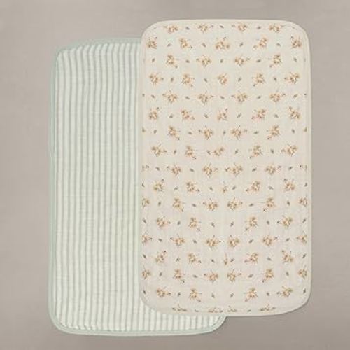Oilo Burp Cloth 2-Pack Set, Large (12" X 22"), Organic Premium Cotton 4-Way Muslin, Luxuriously Soft, Super Absorbent, & Durable, Machine Washable, Dainty Floral & Sea Moss Sage Green Stripe