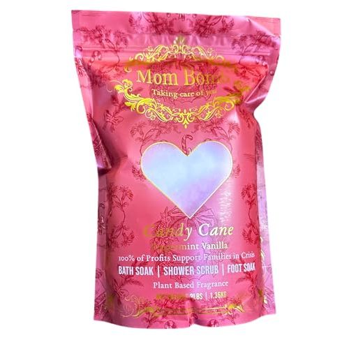 Mom Bomb Candy Cane Epsom Salt Bath Soak (Peppermint) – Natural Magnesium Salt with Essential Oils – Relaxing Aromatherapy for Stress Relief, Muscle & Foot Soak – Made in USA, 3 lbs