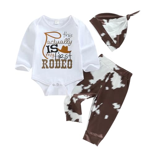 SAYOO This Is My First Rodeo Country Cowboy Funny Infant Baby Boy Bodysuit Long Pants Hat 3Pcs Western Coming Home Outfit
