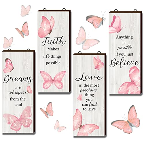 Geelin 4 Pcs Butterfly Wall Decor Butterfly Bathroom Decor Dreams Faith Love Believe Wall Decoration Elegant Hanging Inspirational Rustic Art Accessories(10 x 4 Inch,Pink)