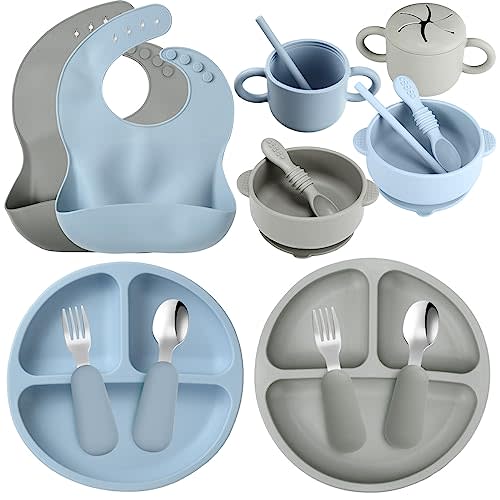 16 Pcs Baby Led Weaning Supplies Silicone Baby Feeding Set Baby Plates with Suction Baby Utensils with Divided Adjustable Bib Bowl Cutlery Snack Cup Spoons Straw 6 Months+ (Blue, Smoky Gray)