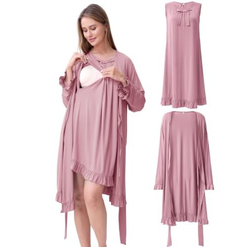 Maternity Nursing Gown & Robe Set, Ruffle Labor Delivery Nightgowns | 2 PCS Hospital Nursing Dress Set, Hidden Breastfeeding Access, Soft Postpartum Clothes for Mom & Baby Photos