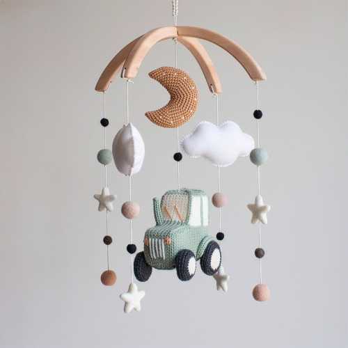 Sage Green Tractor Baby Mobile – Farmyard & Barnyard Decor, Gender Neutral, Handmade in UK