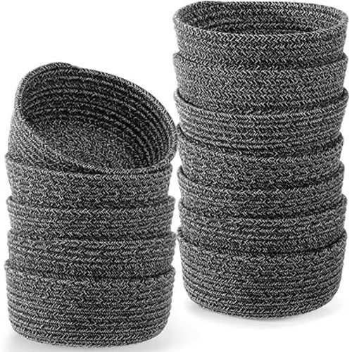 Yinkin 12 Pack Small Storage Basket Cute Natural Cotton Rope Woven Basket Tiny Boho Decorative Toy Storage Bin Gift Baskets for Home Organizing, Closet, Shelf, Nursery, Bathroom(Round,White Grey)