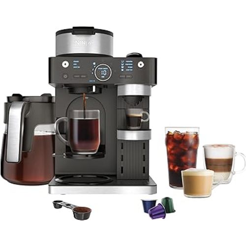 Ninja CFN602 Espresso & Coffee Barista System with Ristretto Function, Single-Serve Coffee, Compatible with Nespresso Capsule, 12-Cup Carafe, Built-in Frother, Cappuccino & Latte Maker (Renewed)