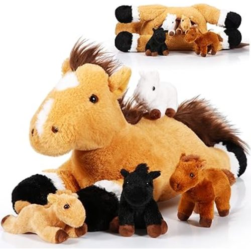 Lenwen 5 Pcs Horse Stuffed Animals Large Mommy Horse Plush with 4 Cute Babies in Zippered Belly Nurturing Plushie Toy Set for Birthday Gift Derby Party Favors(Cute)