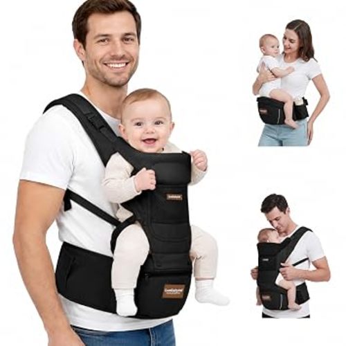 Ergonomic Baby Carrier with Hip Seat, Newborn to Toddler, Black | Ergonomic M-shaped seat; wide waistbelt; thickened straps; detachable hip seat; breathable all-season fabric