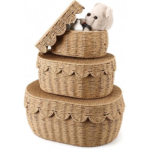 Newtay 3 Pcs Large Scalloped Wicker Rattan Storage Baskets with Lid