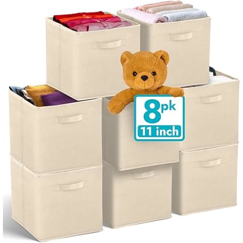 Reli. 11 Inch Cube Storage Bins (8 Pack) | Cube Organizer Bins | 11x11 Fabric Storage Boxes | Collapsible, Foldable Fabric Cubby Box (Square) | Kids Room Organization (Beige)
