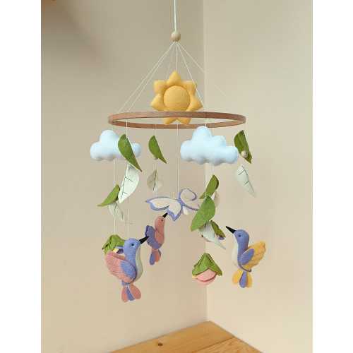 Baby mobile with hummingbird, butterfly, flowers, leaves, sun, clouds. Felt nursery decor for girl. Hanging crib toys.
