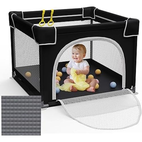 Grobeybees Baby Playpen with Mat, Playard for Toddlers, Small Playpen with Pad, Indoor & Outdoor Play Yard, Sturdy Safety Baby Play Yard (Black, 36x36 inches)